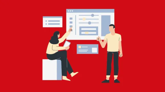 Illustration of two people interacting with a large digital dashboard, one sitting with a tablet and the other standing, against a red background.