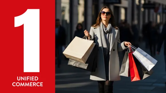 A woman carrying multiple shopping bags walks outdoors; a large number 1 and the words “Unified Commerce” appear on a red banner to the left.