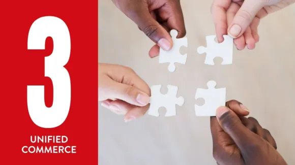 Four hands of diverse skin tones hold white puzzle pieces near each other, with a red panel displaying "3 Unified Commerce" on the left.