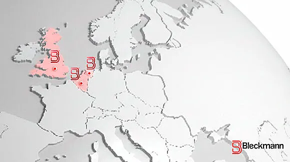 A grayscale map of Europe showing several Bleckmann company locations highlighted in red in the UK, Netherlands, Belgium, and Germany. Bleckmann logo is visible in the corner.