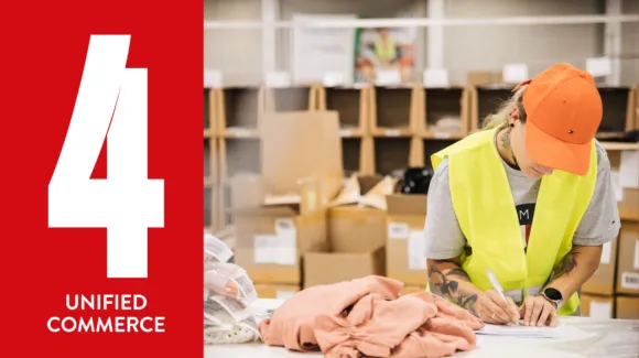 A person in a yellow safety vest and orange cap writes on paper at a packing table in a warehouse. Large text reads “4 Unified Commerce” on a red background.