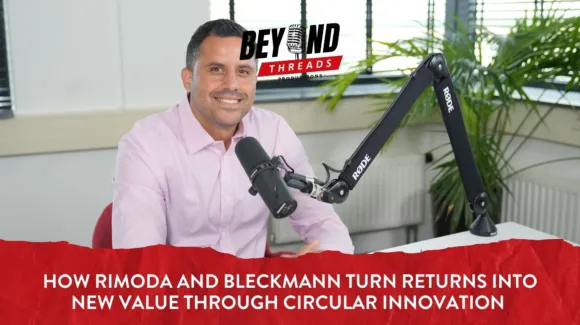 A man in a light pink shirt sits at a desk with a microphone, smiling, with the text: “How Rimoda and Bleckmann Turn Returns Into New Value Through Circular Innovation.”.