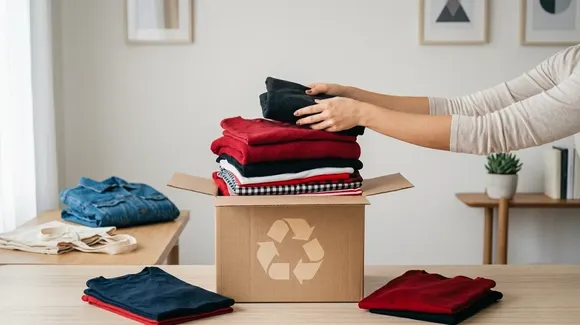 A person places folded clothes into a cardboard box with a recycling symbol, with more clothes on a table nearby in a tidy room.
