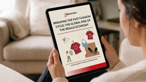 Tablet displaying a report titled "Breaking the Fast Fashion Cycle: The Global Rise of the Resale Economy" with illustrations of clothing and accessories.