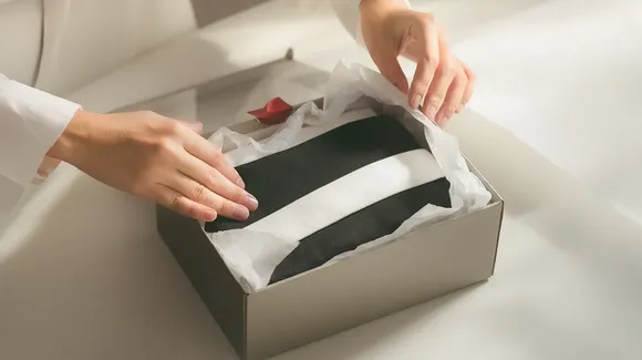 A person opens a cardboard box containing a black and white striped fabric item wrapped in tissue paper.