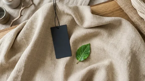 A blank black tag with a string and a green leaf rest on beige fabric.