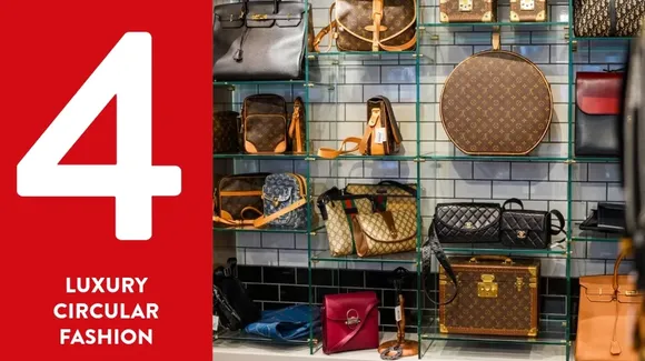 Shelves display various luxury designer handbags and accessories; a large red panel on the left shows the number 4 and the words "Luxury Circular Fashion.