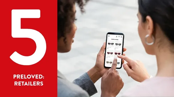 A large white number 5 on a red background next to two people looking at a smartphone screen displaying a sunglasses retail app.