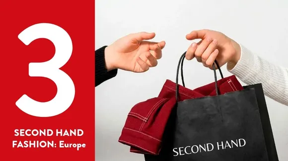 A hand passes a black shopping bag labeled "SECOND HAND" with folded clothes to another hand; text on left reads "3 SECOND HAND FASHION: Europe" on a red background.