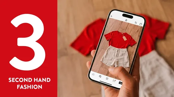A person photographs a red shirt and beige shorts with a smartphone; large text on the left reads "3 Second Hand Fashion" on a red background.