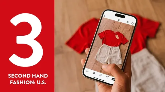 A hand holds a smartphone taking a photo of a red shirt and beige shorts laid out on the floor; a large number 3 and text read "Second Hand Fashion: U.S." on a red background.