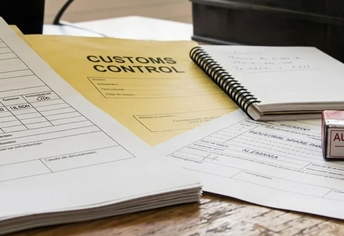 A desk with customs declaration forms, a stamped form, a "CUSTOMS CONTROL" folder, a notebook, keys, and office supplies arranged on a wooden surface.