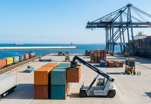 Cargo containers are being moved by trucks and cranes at a busy port, with a cargo ship docked, a train on tracks, and an airplane flying overhead.