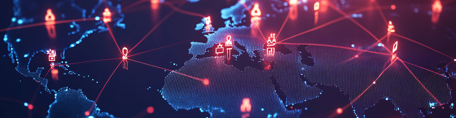 Digital world map with glowing red and blue network connections and icons of people, symbolizing global communication or technology integration.