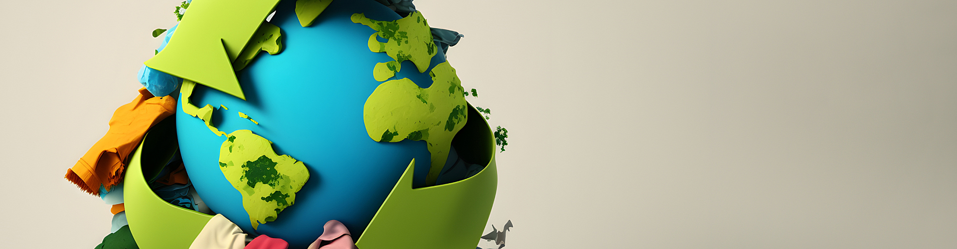 A globe wrapped in green recycling arrows is surrounded by colorful garments, symbolizing sustainable fashion and recycling.