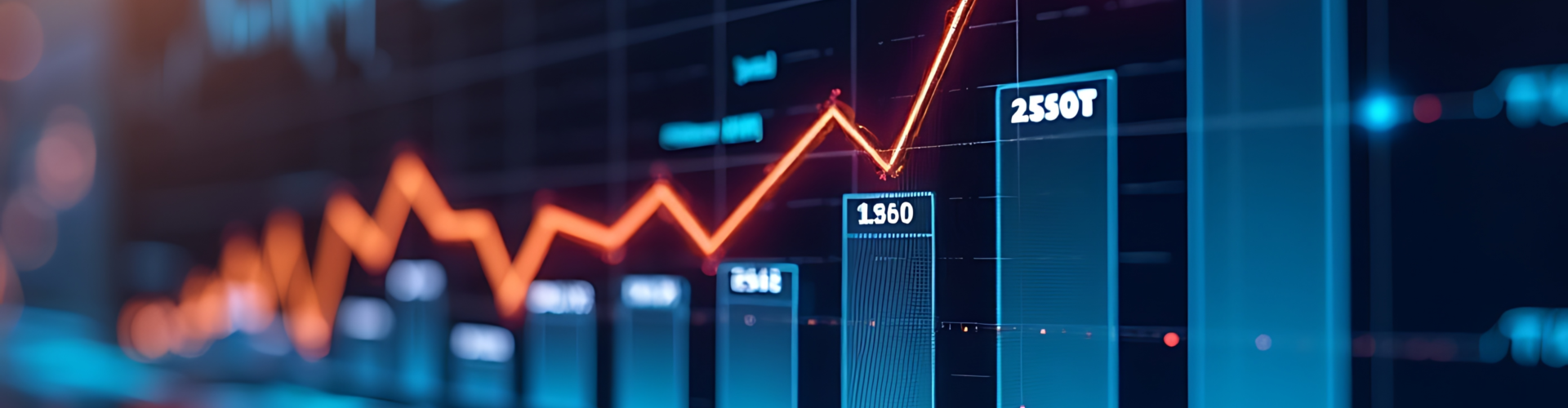 A digital graph shows a rising trend with red line and blue bar charts, indicating increasing values over time in a futuristic interface.