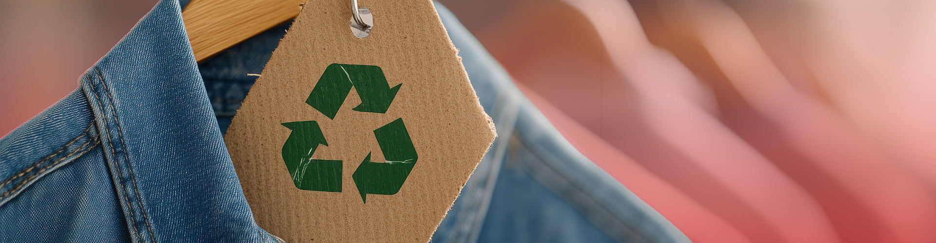 A denim shirt on a hanger with a cardboard tag displaying a recycling symbol; other clothes are visible out of focus in the background.