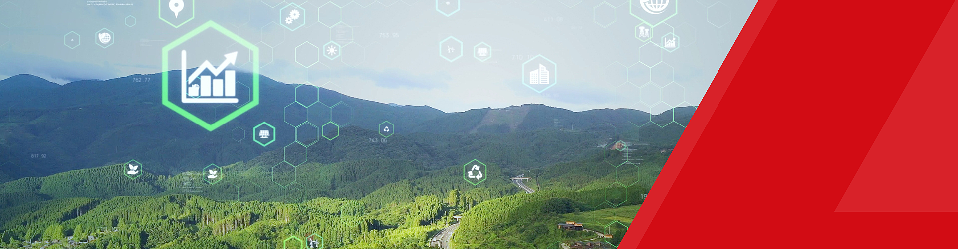 A green landscape with mountains and trees, overlaid with digital hexagon icons related to data and growth, and a large red geometric shape on the right side.