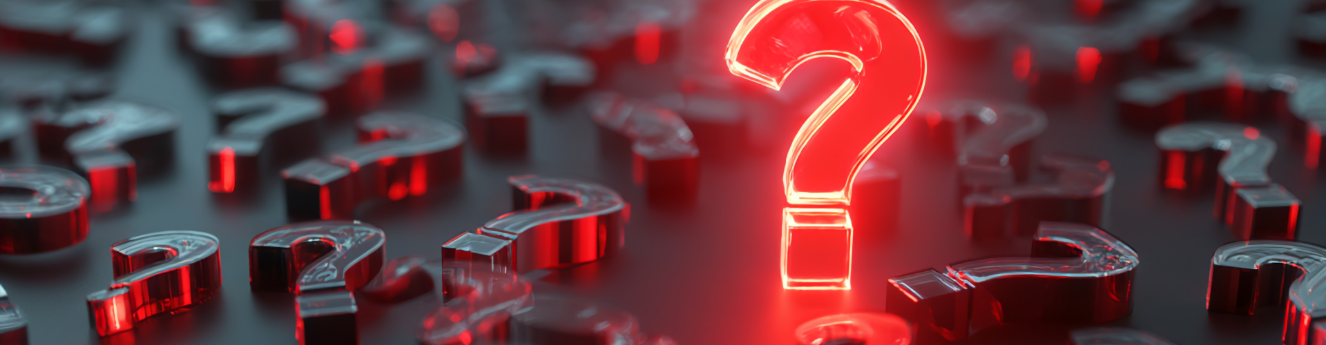 A glowing red question mark stands out among multiple dark, translucent question marks on a reflective surface.