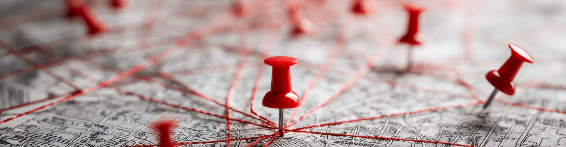 A close-up of a map with red push pins connected by red string, illustrating a network or connections between multiple locations.