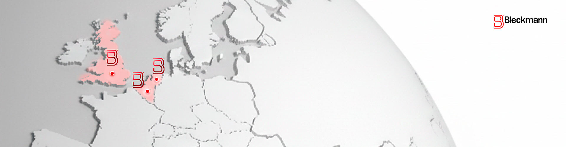 A grayscale globe highlights regions in the UK, France, and Germany with red markers. The Beckmann logo appears in the top right corner.