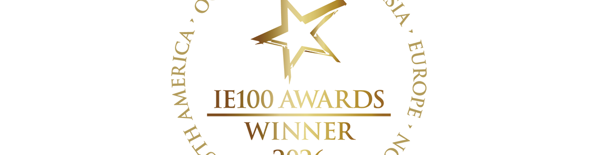 Gold IE100 Awards Winner 2026 emblem with a star at the center, surrounded by the names of continents in a circular arrangement.