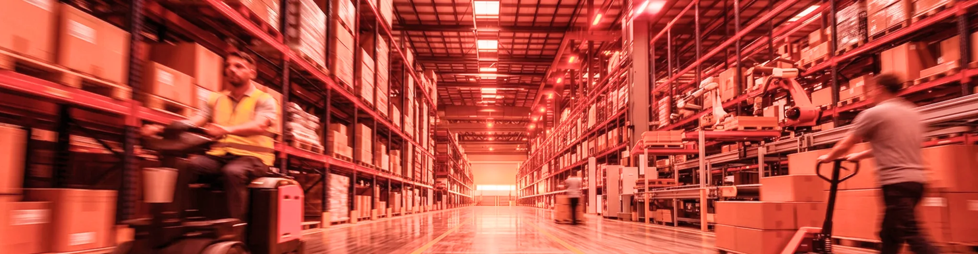 Large warehouse interior with tall shelves full of boxes; two workers operate equipment to move inventory along wide aisles under bright overhead lights.