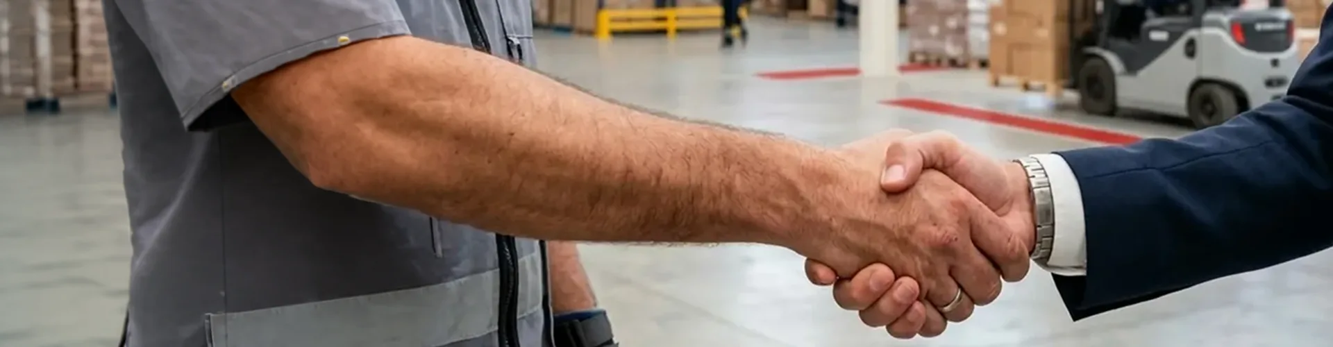 Two people shaking hands in a warehouse, one wearing a gray work uniform and the other a navy suit.