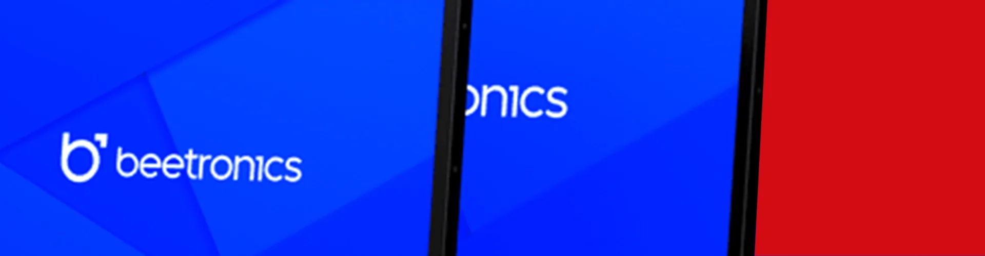 Close-up of two screens displaying the Beetronics logo and text on a blue background, with a red section visible on the right side.