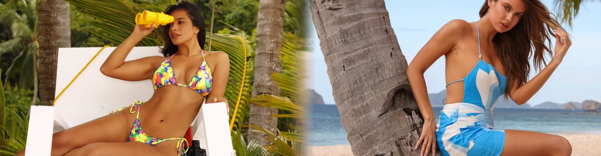 Two women pose on a tropical beach; one lounges in a floral bikini holding yellow binoculars, the other sits by a palm tree wearing a blue-and-white beach dress.