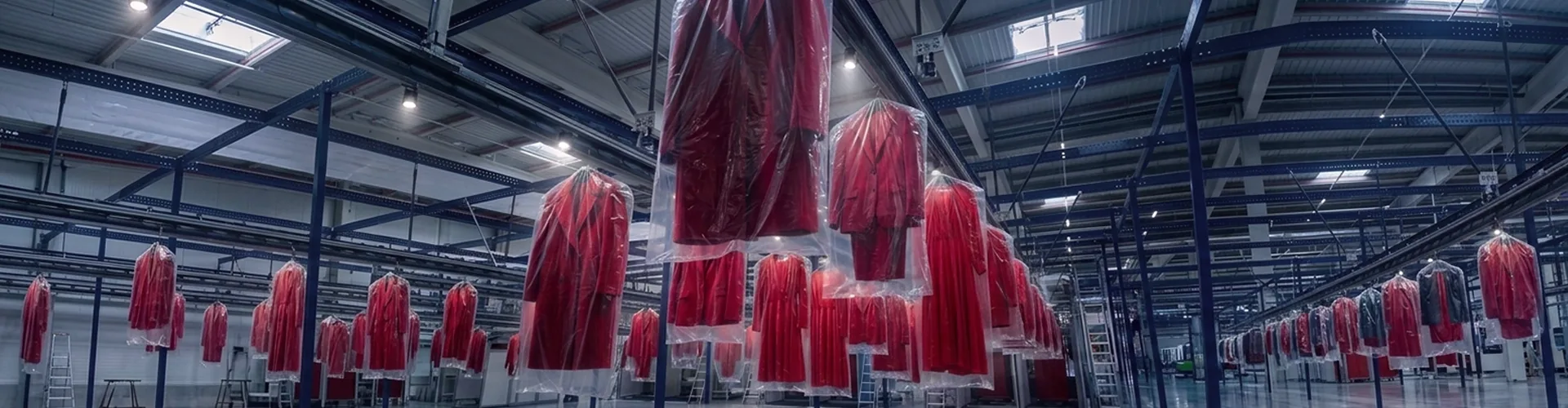 Rows of red garments in protective plastic covers hanging from a ceiling conveyor system in a warehouse.