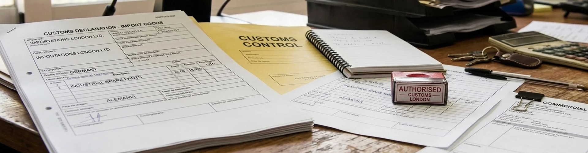 A desk with customs declaration forms, a stamped form, a "CUSTOMS CONTROL" folder, a notebook, keys, and office supplies arranged on a wooden surface.