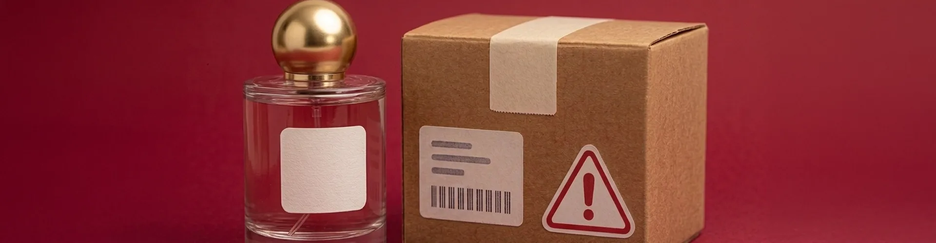 A clear glass perfume bottle with a gold cap sits next to a brown cardboard box with barcodes, blank labels, and a red warning symbol, all against a red background.