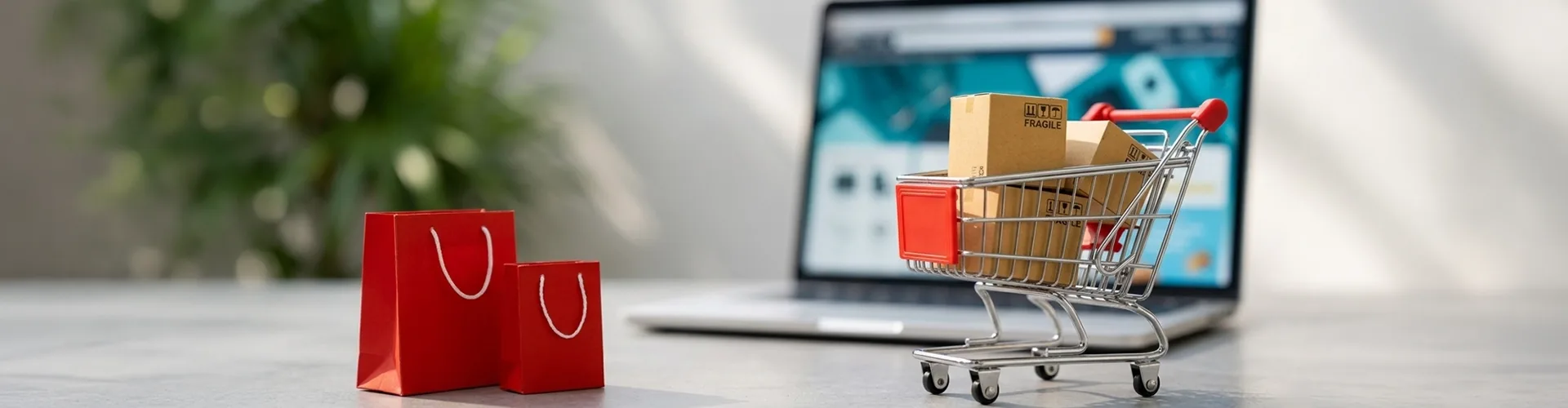 A miniature shopping cart with small boxes and two red shopping bags are placed in front of an open laptop displaying a shopping website.