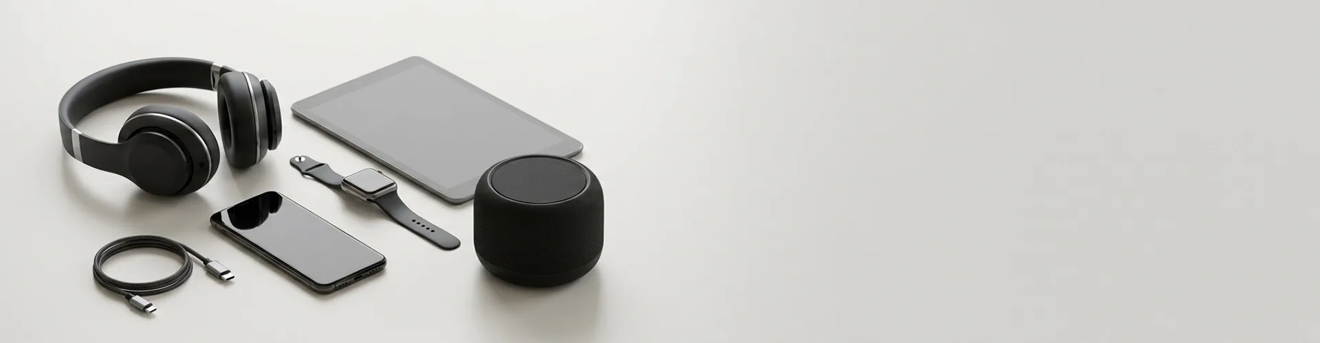 A set of electronic gadgets including headphones, a tablet, a smartwatch, a smartphone, a portable speaker, and a charging cable on a light surface.
