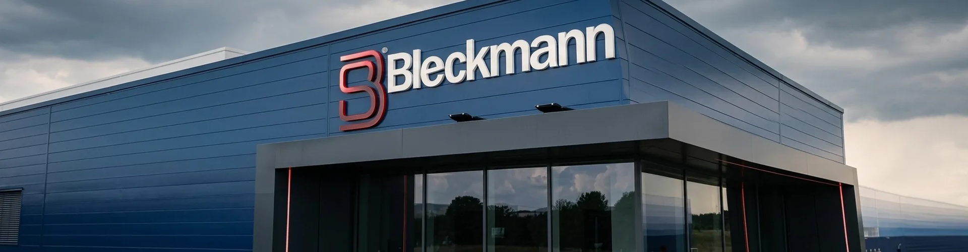Modern blue industrial building with large windows, displaying the Bleckmann logo and name on the exterior under a cloudy sky.