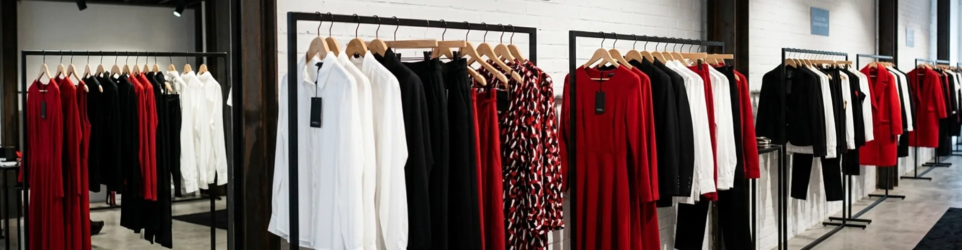 Clothing store interior with racks of neatly hung garments in black, white, red, and patterned designs against a white brick wall.