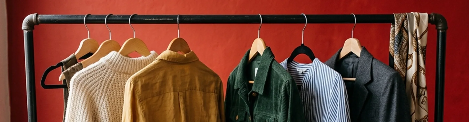 A clothing rack with various garments on wooden hangers, including sweaters, shirts, jackets, and a scarf, set against a red wall.