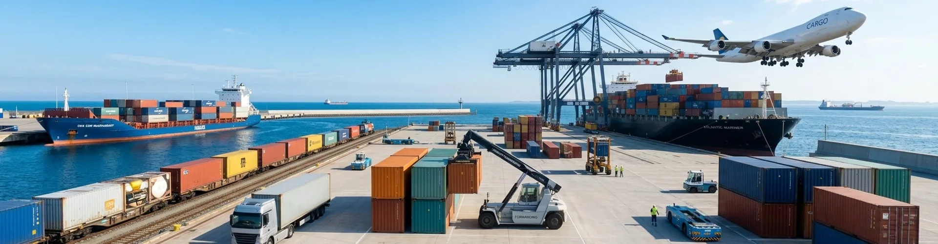 Cargo containers are being moved by trucks and cranes at a busy port, with a cargo ship docked, a train on tracks, and an airplane flying overhead.