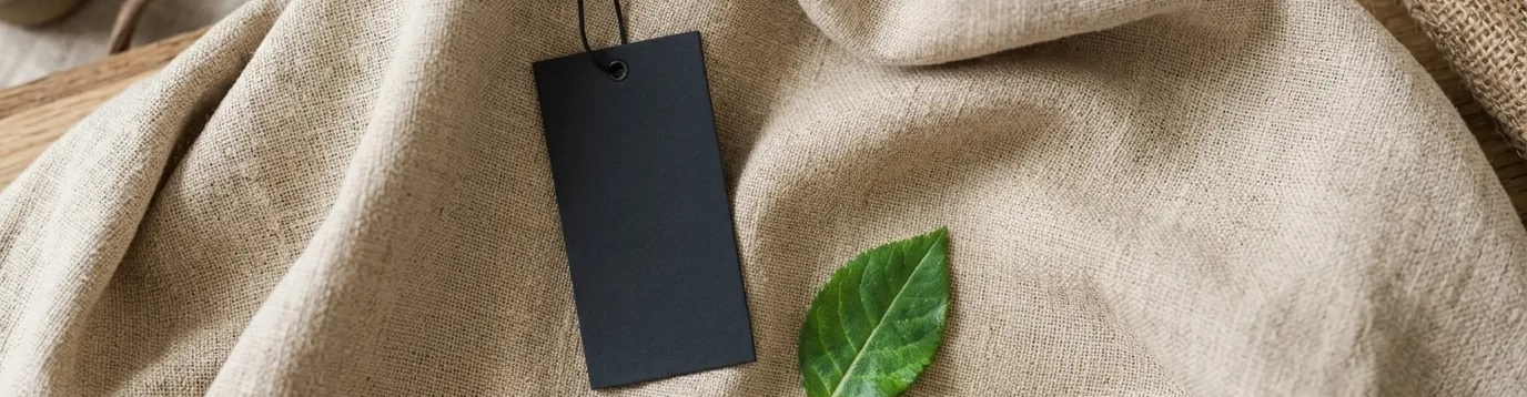 A blank black tag with a string and a green leaf rest on beige fabric.