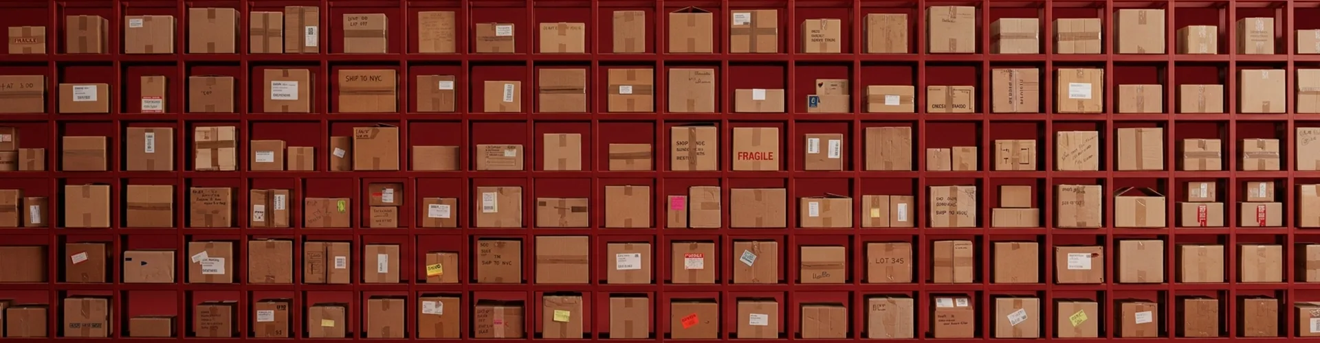 A large red shelving unit filled with various sizes of cardboard boxes, each stored in its own cubby.