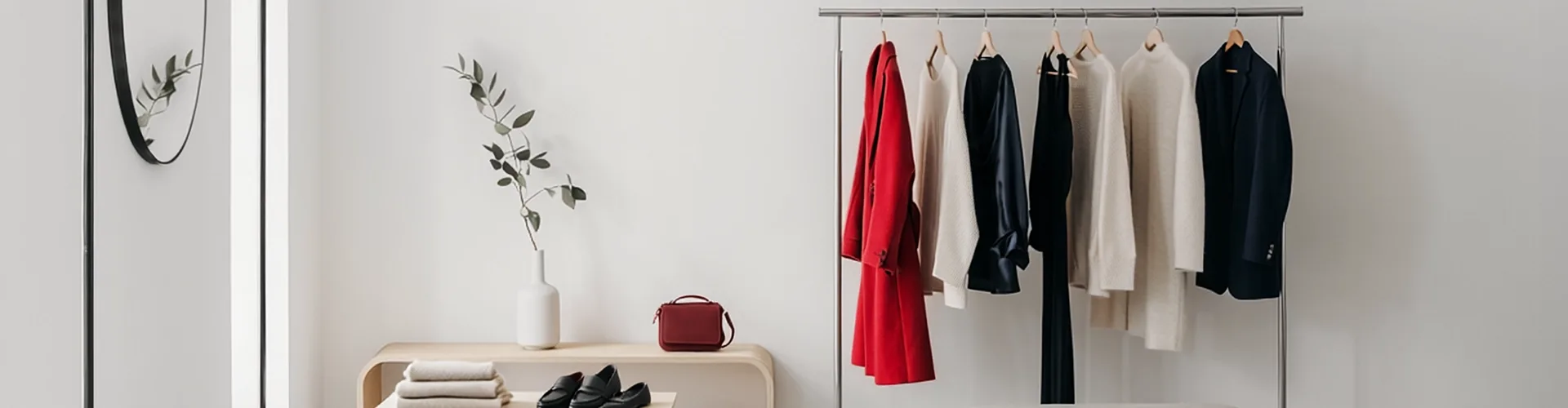A minimalist room with a clothing rack holding six garments, a bench with folded towels, a vase with a branch, a small handbag, and a round wall mirror.
