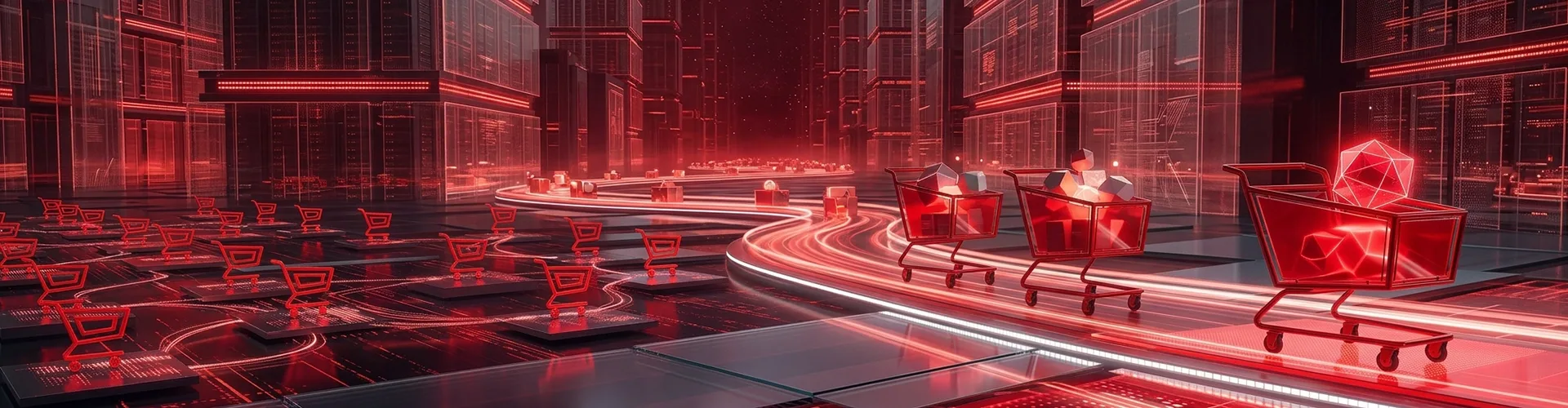Red shopping carts arranged in a grid-like pattern within a futuristic, red-lit digital landscape.
