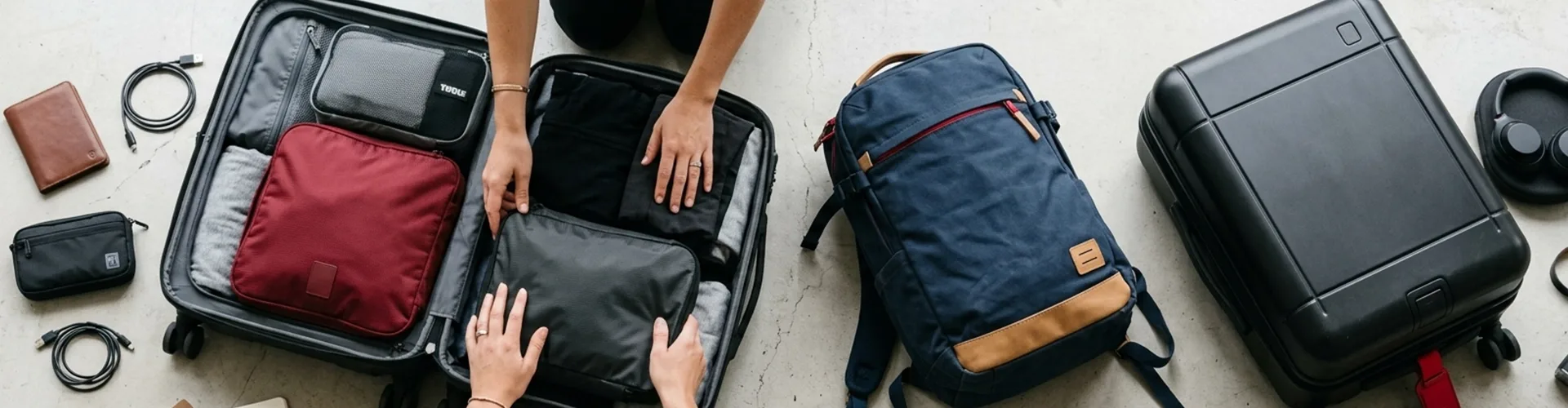 Two open suitcases are being packed with organizers and travel accessories, while a blue backpack and closed suitcase lie on the floor nearby.