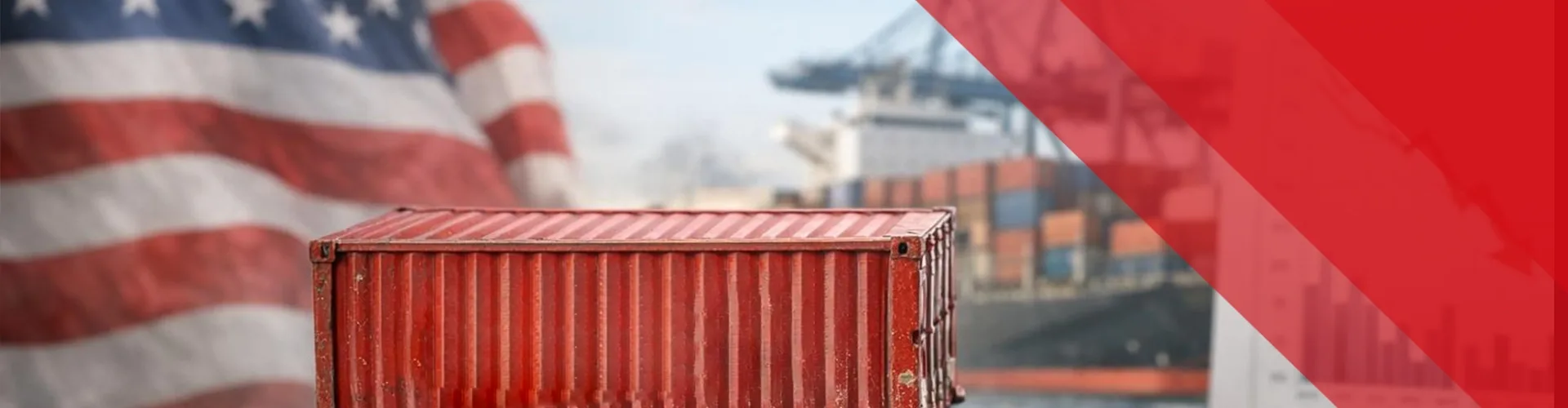 A red shipping container is in focus with an American flag and cargo ship in the background.