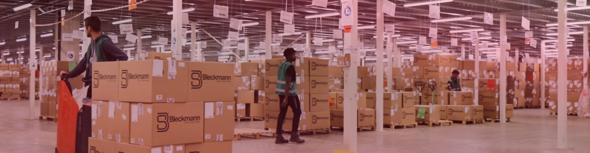 Warehouse workers move and organize large Beckmann-branded boxes on pallets in a spacious, well-lit storage facility.