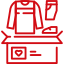 Red line illustration of a box with a heart symbol, containing a sweater, a shoe, and other items, suggests a package for donation.
