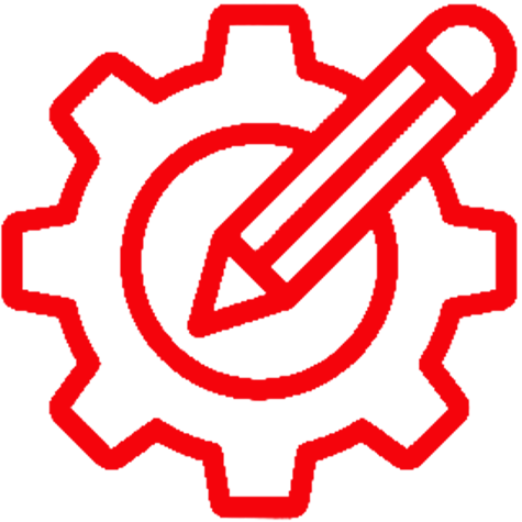 Red outline of a gear with a pencil crossing through its center, symbolizing settings, customization, or editing tools.
