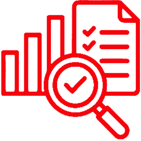 Red icon showing a bar chart, a document with checkmarks, and a magnifying glass with a checkmark in the center, symbolizing analysis or review.