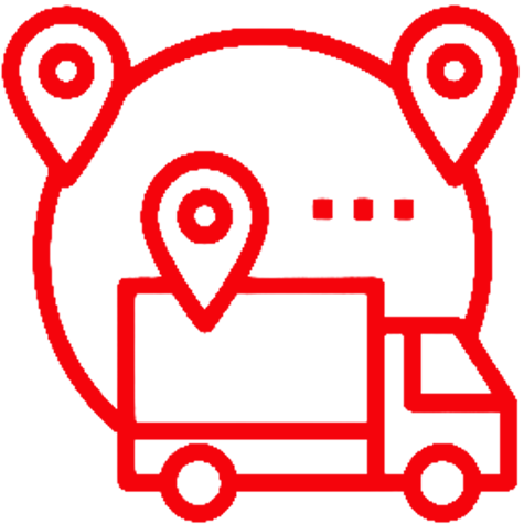 Red outline icon of a delivery truck with location pins and a circular path, representing route tracking or logistics.